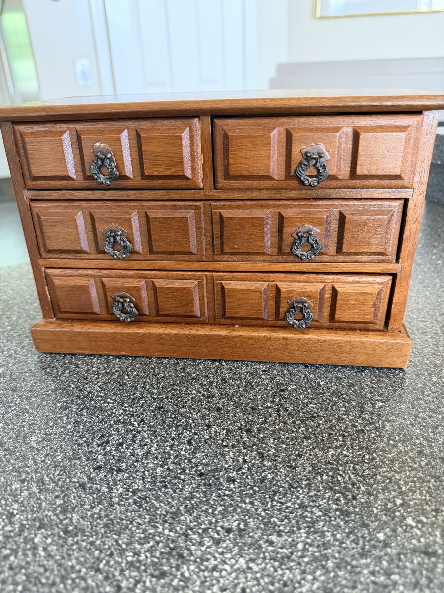 Vintage 1970’s 4 Drawer Wooden Musical-Jewelry Box with contrasting Metal Drawer Pulls