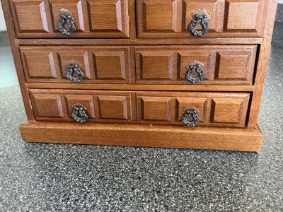 Vintage 1970’s 4 Drawer Wooden Musical-Jewelry Box with contrasting Metal Drawer Pulls
