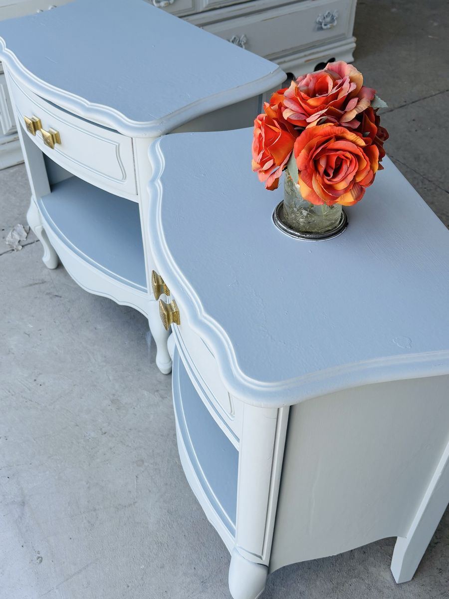 Shabby Chic Light Blue/White French Provincial Nightstands - Set of 2 End Tables with Drawers