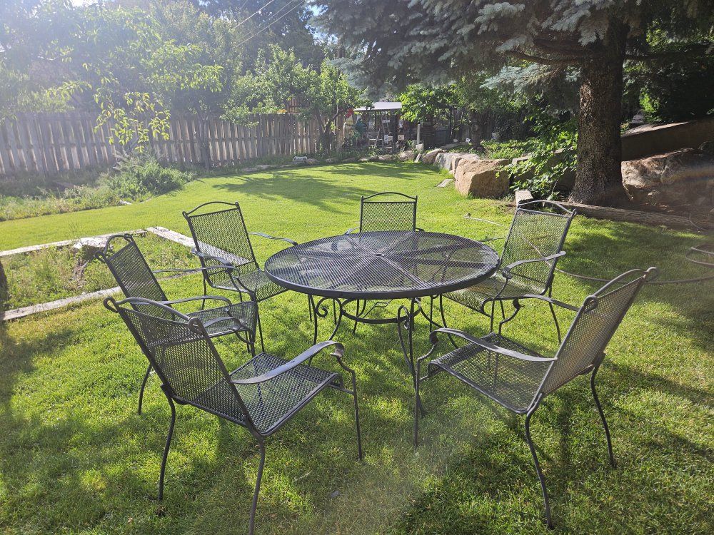 Black Wrought Iron Patio Dining Set - Round Table with 6 Chairs Outdoor Furniture