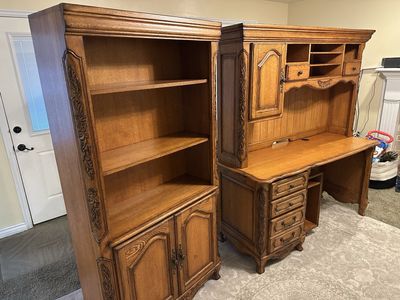 Solid Honey Oak Executive Desk w Hutch and/or Bookcase w Lower Cabinet - Ornate Carved Details, Ample Storage