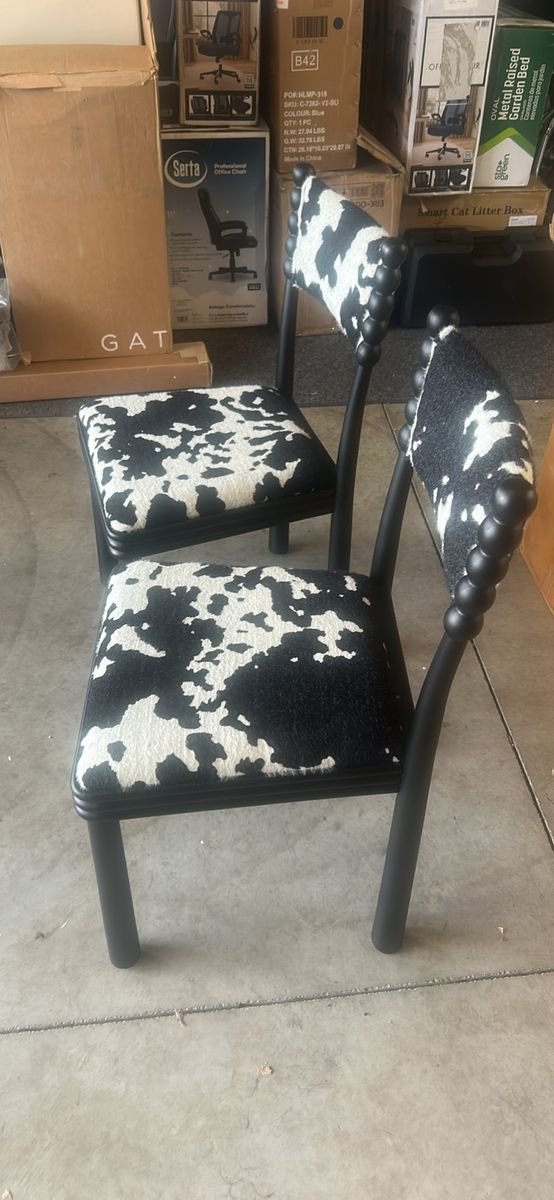 Set of 2 Black and White Cowhide Print Spindle Accent Chairs