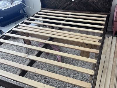 Custom Built Queen Size Chevron Wood Bed Frame with pebbles/tiles on Headboard