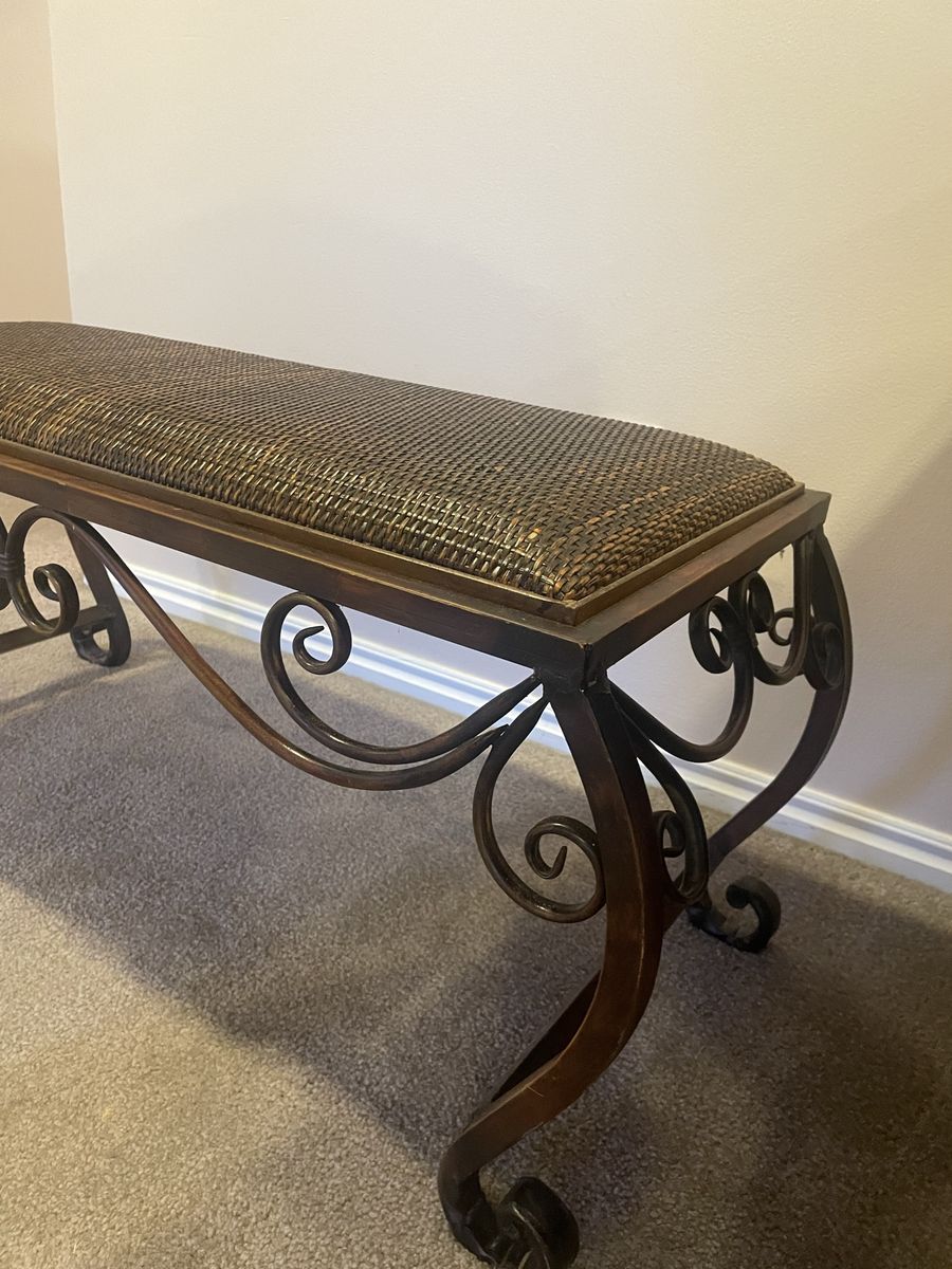 Decorative Wrought Iron & Woven Rattan Entryway Bench
