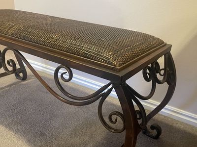 Decorative Wrought Iron & Woven Rattan Entryway Bench