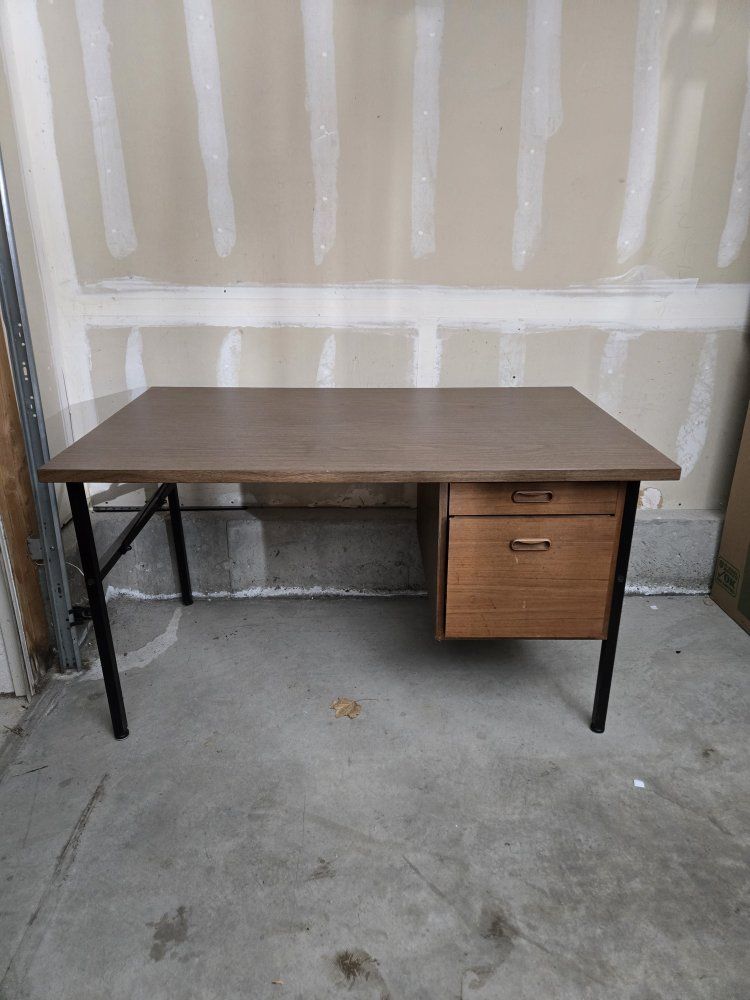 Vintage Mid-Century Modern Desk with Drawers - Wood Grain Finish
