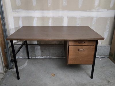 Vintage Mid-Century Modern Desk with Drawers - Wood Grain Finish
