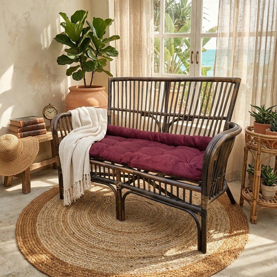 Vintage Rattan Loveseat Sofa with Cushion