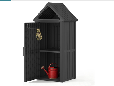 New in Box Storage Shed, Waterproof Resin Outdoor Storage Cabinet with Removable Shelves & 12 Hooks