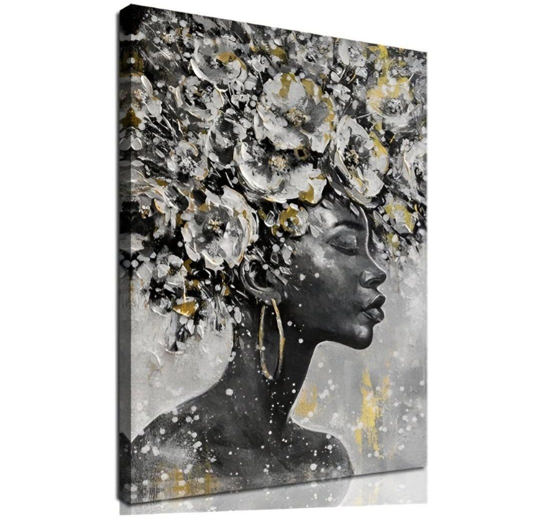 MLART99 Large Gold Flowers Painting for Office African American Black Woman Portraits for Bedroom 40"x 60" Posters for Room Aest