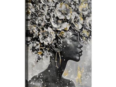 MLART99 Large Gold Flowers Painting for Office African American Black Woman Portraits for Bedroom 40"x 60" Posters for Room Aest