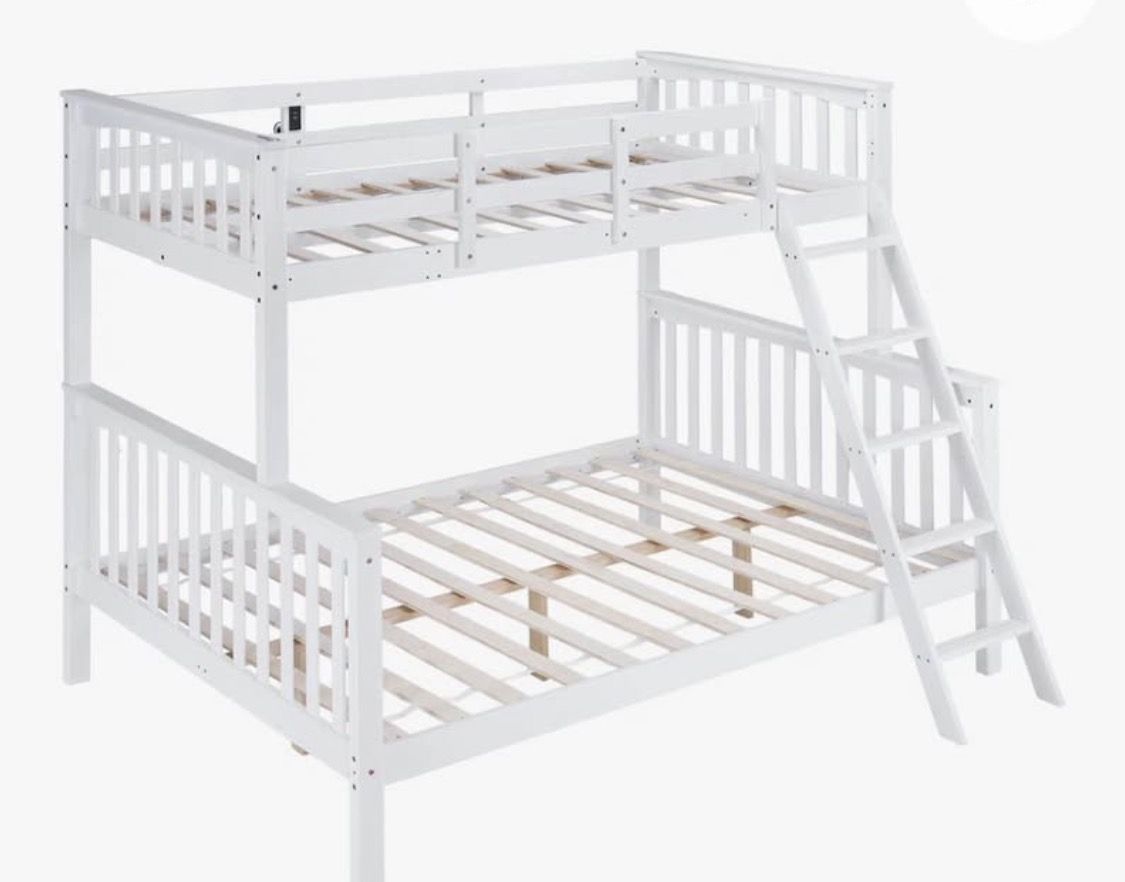 White wooden bunk beds with mattress’s