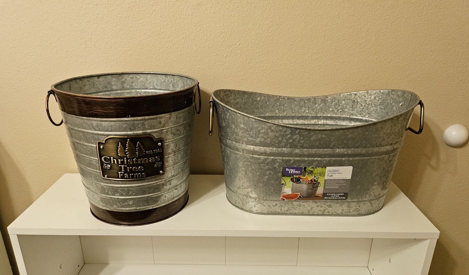 1 Wicker Basket & 2 Galvanized Metal Tubs (Christmas Tree Farms Bucket and Scooped Oval Tub)