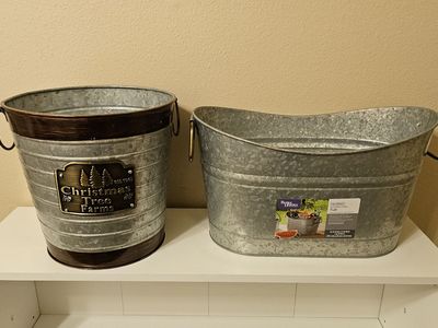 1 Wicker Basket & 2 Galvanized Metal Tubs (Christmas Tree Farms Bucket and Scooped Oval Tub)