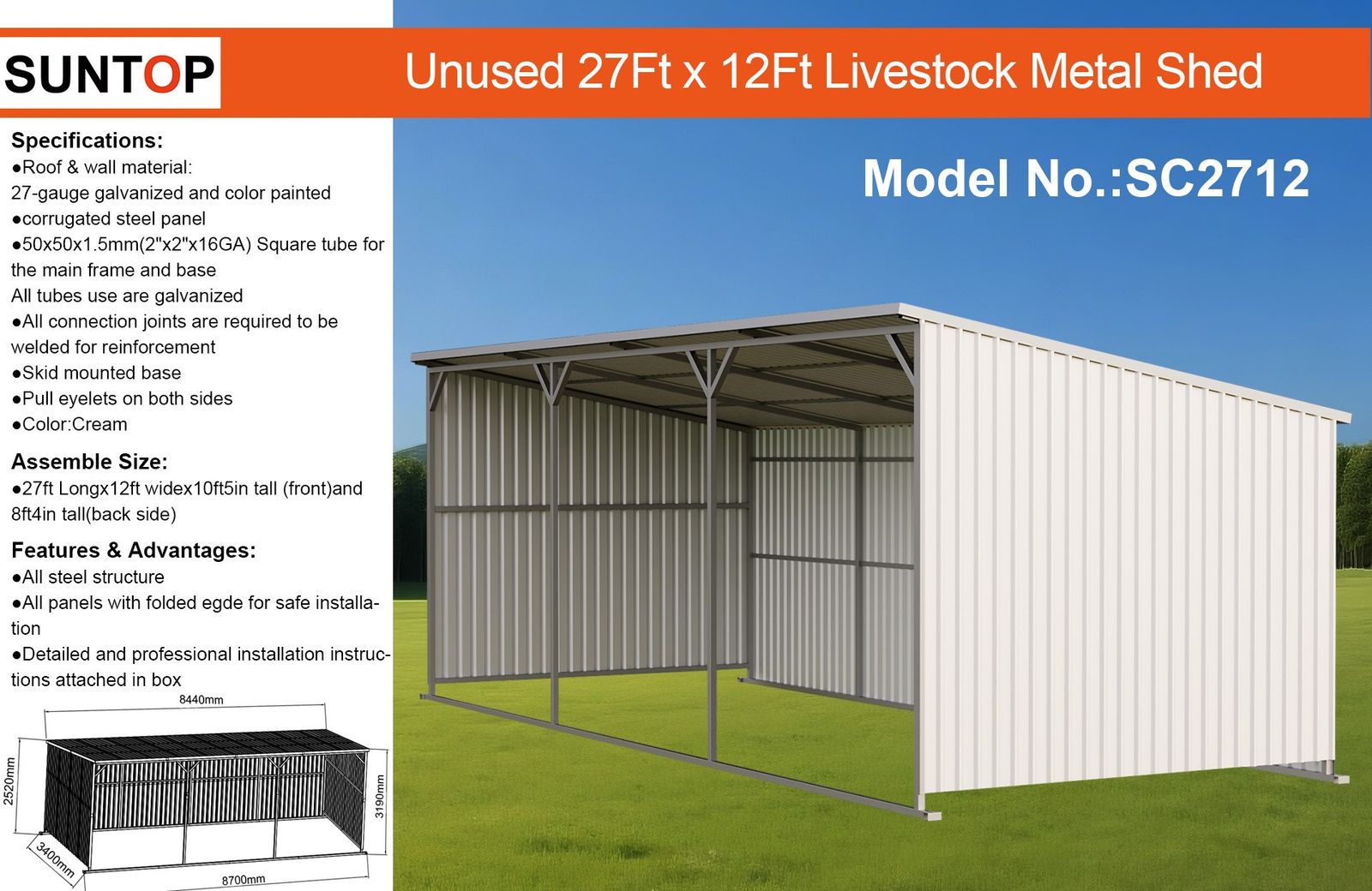 27 x 12 ft Livestock Shelter