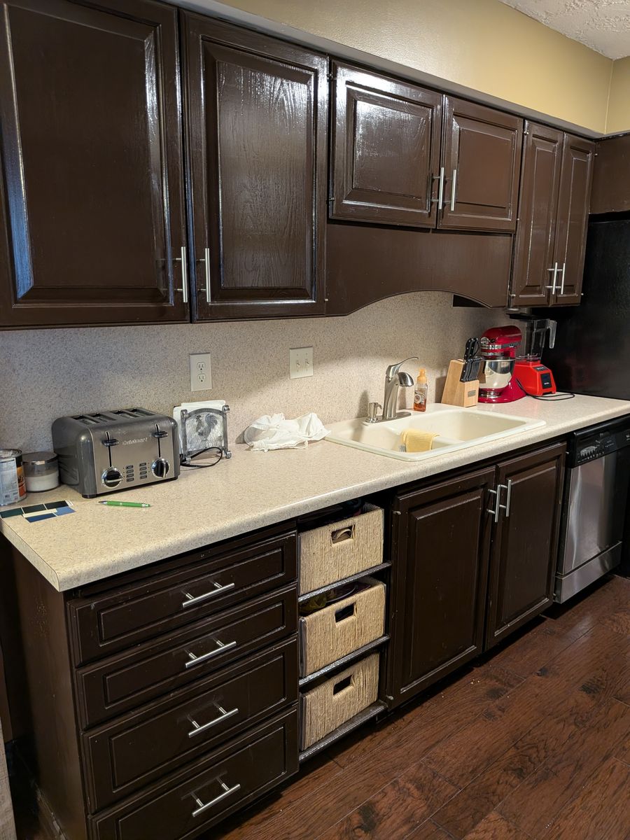 Dark Brown Painted Kitchen Cabinets Set with Brushed Nickel Hardware
