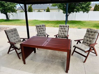 IKEA Wood Outdoor Dining Set: Expanding Table & 4 Reclining Chairs + Cushions