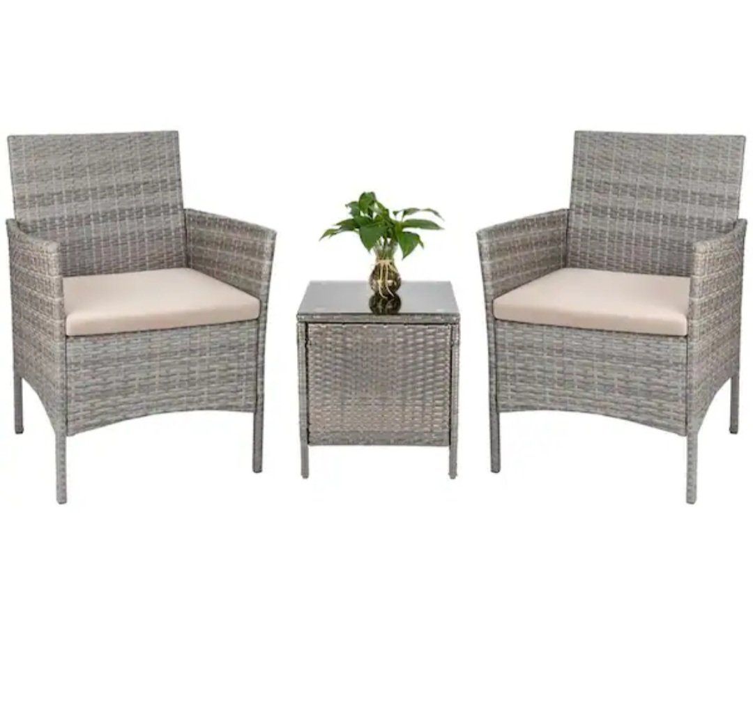 3-Piece Outdoor Wicker Patio Conservation - 2 Armchairs with Cushions & Tempered Glass Top Table Brand New 