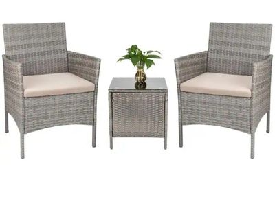 3-Piece Outdoor Wicker Patio Conservation - 2 Armchairs with Cushions & Tempered Glass Top Table Brand New