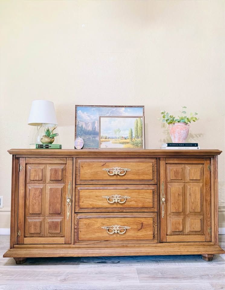 Vintage Stanley Solid Wood Buffet Credenza Console Dresser | Vintage Stanley Credenza Buffet