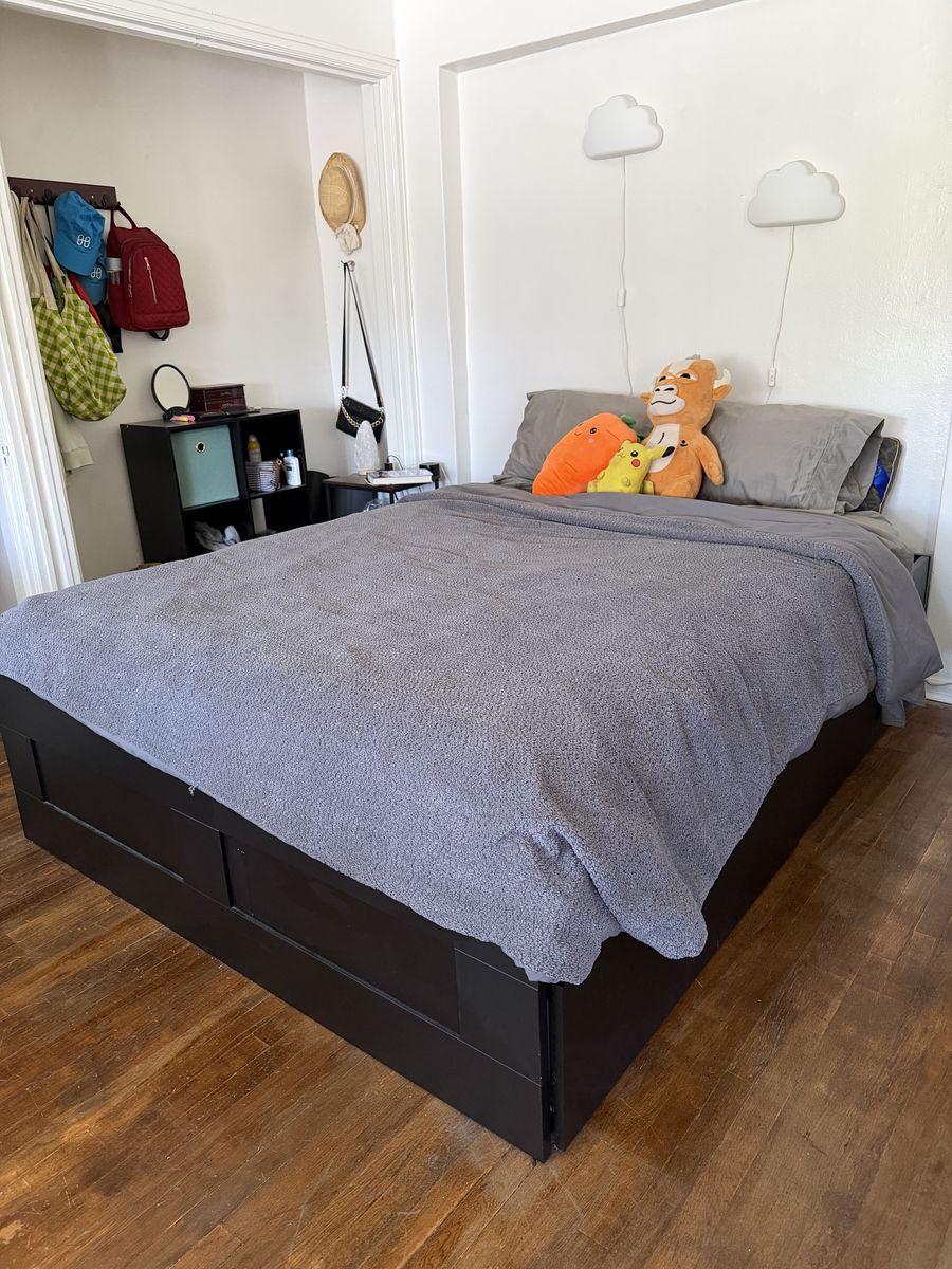 Full Sized Bed Set - Moving Sale – Storage Bed w/ Mattress + Bedding & Pillows