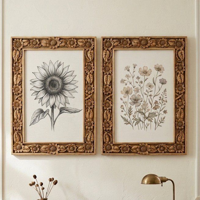 Vintage Hand Carved Floral Wooden Frames Sunflower