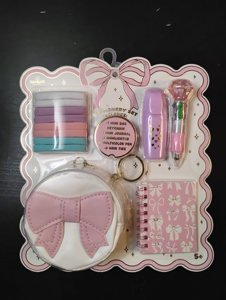 Danbar Kids Stationery Set w/ Mini Bag Keychain, Journal, Pen, Highlighter & Hair Ties
