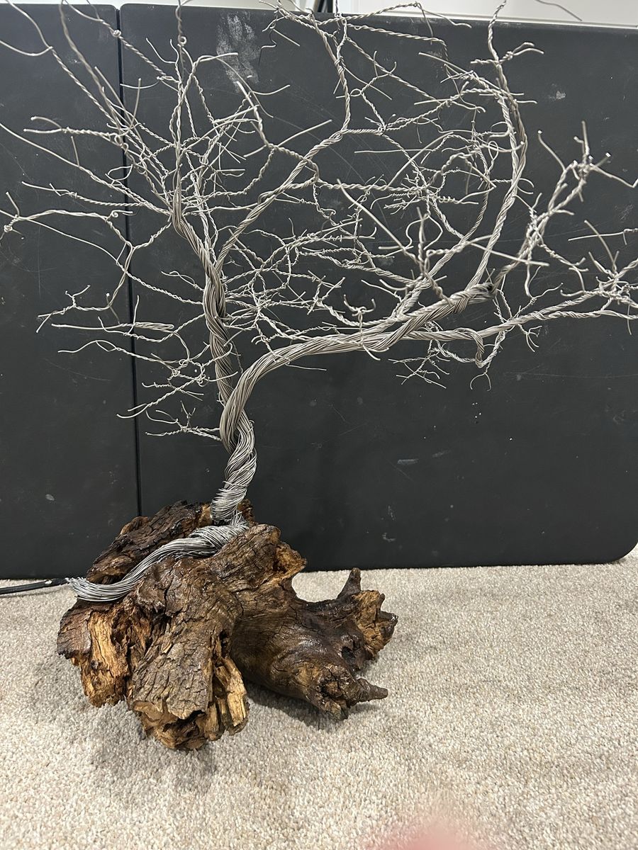 Handcrafted Wire Tree Sculpture on Natural Wood Base - Unique Metal Art