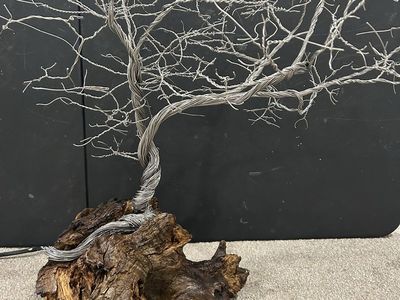 Handcrafted Wire Tree Sculpture on Natural Wood Base - Unique Metal Art