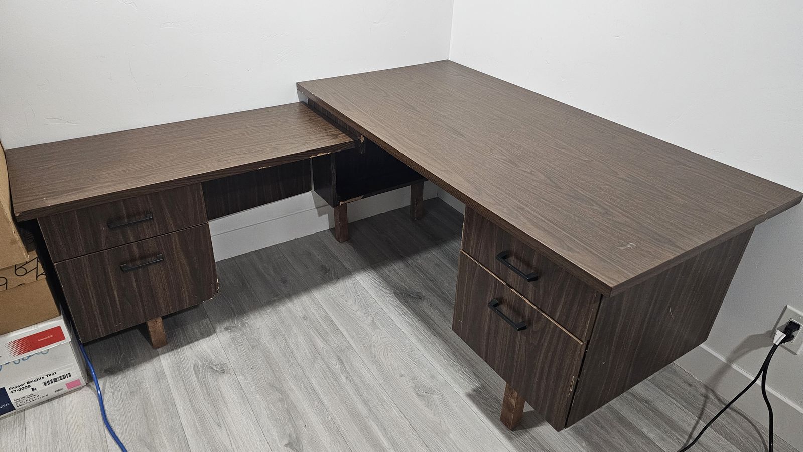 L-Shaped Office Desk with Storage - 5ft Main, 3ft 4in Side, Dark Wood Finish