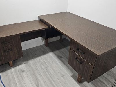 L-Shaped Office Desk with Storage - 5ft Main, 3ft 4in Side, Dark Wood Finish