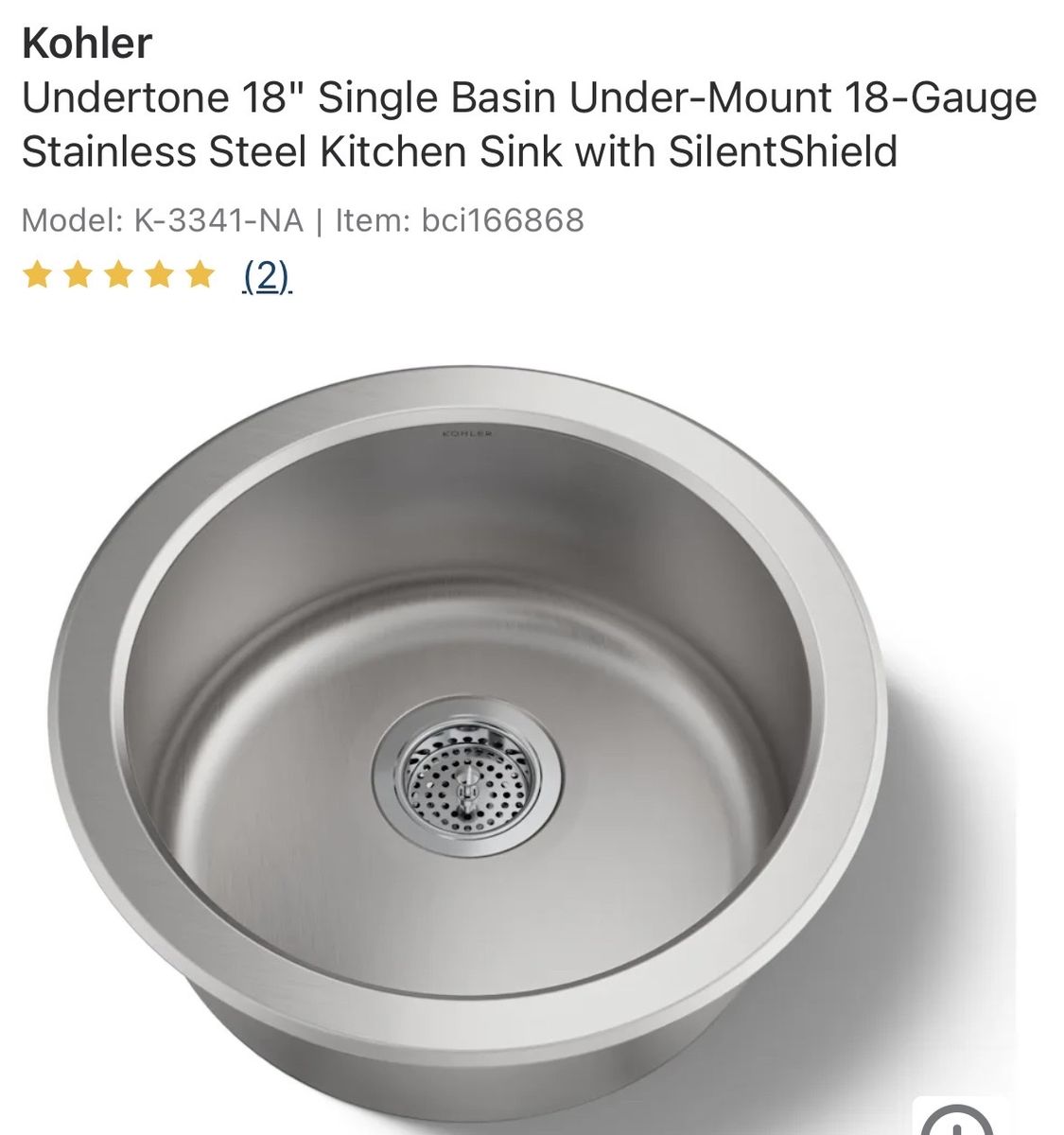 Kohler Undertone K-3341-NA 18" Single Basin Under-Mount 18-Gauge Stainless Steel Kitchen Sink with SilentShield