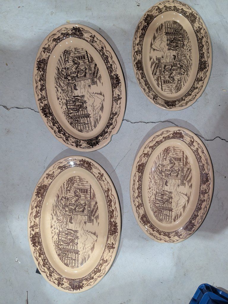 Vintage TEPCO Western Traveler China Oval Platters - Set of 4, Brown/Cream, Restaurant Ware