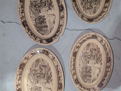 Vintage TEPCO Western Traveler China Oval Platters - Set of 4, Brown/Cream, Restaurant Ware
