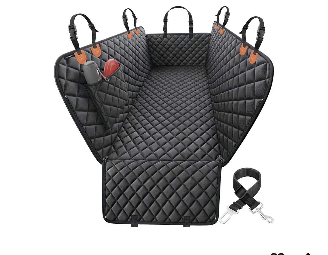 Heavy Duty Quilted Waterproof Car Seat Cover with Side Flaps & Seatbelt, Black Pet Hammock
