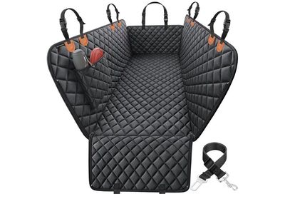 Heavy Duty Quilted Waterproof Car Seat Cover with Side Flaps & Seatbelt, Black Pet Hammock