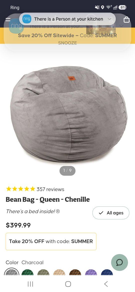 Cordaroy's Queen Size Chenille Bean Bag Chair Convertible to Bed - Charcoal Gray