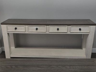 Signature Design by Ashley Bolanburg Farmhouse Sofa Table - 4 Drawers, Lower Shelf, Weathered Brown & White