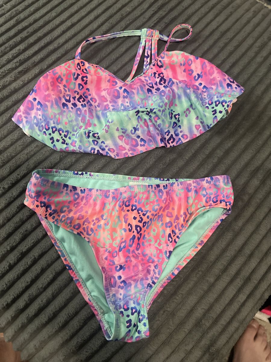 Girls Two-Piece Swimsuit Pink Blue Leopard Print Ruffle Size 7/8