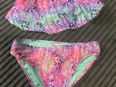 Girls Two-Piece Swimsuit Pink Blue Leopard Print Ruffle Size 7/8