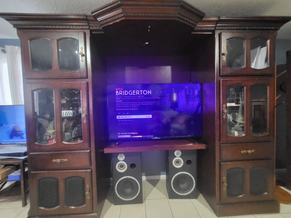 Large Wood Entertainment Center with Display Cabinets and Storage for TV and Media