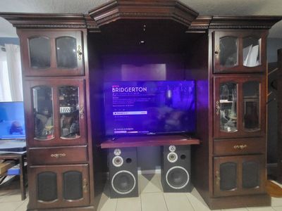 Large Wood Entertainment Center with Display Cabinets and Storage for TV and Media