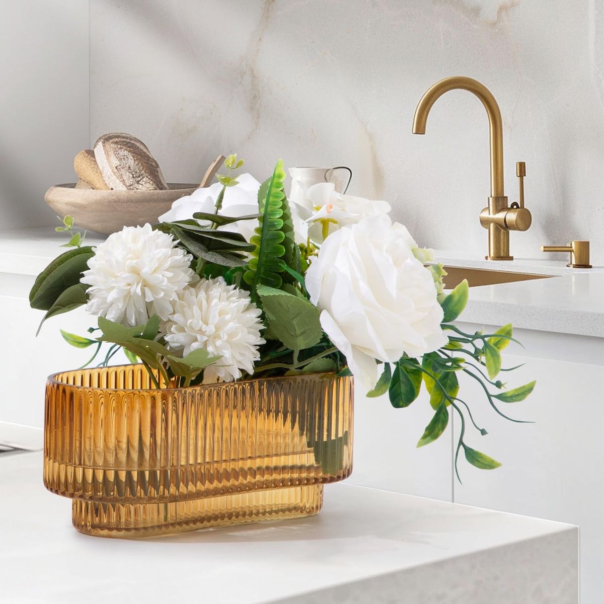 Glass Fluted Planter for Plants/Flowers | Rectangular Ribbed Amber Glass Flower Pot, 8" x 4" x 3.5"/clear