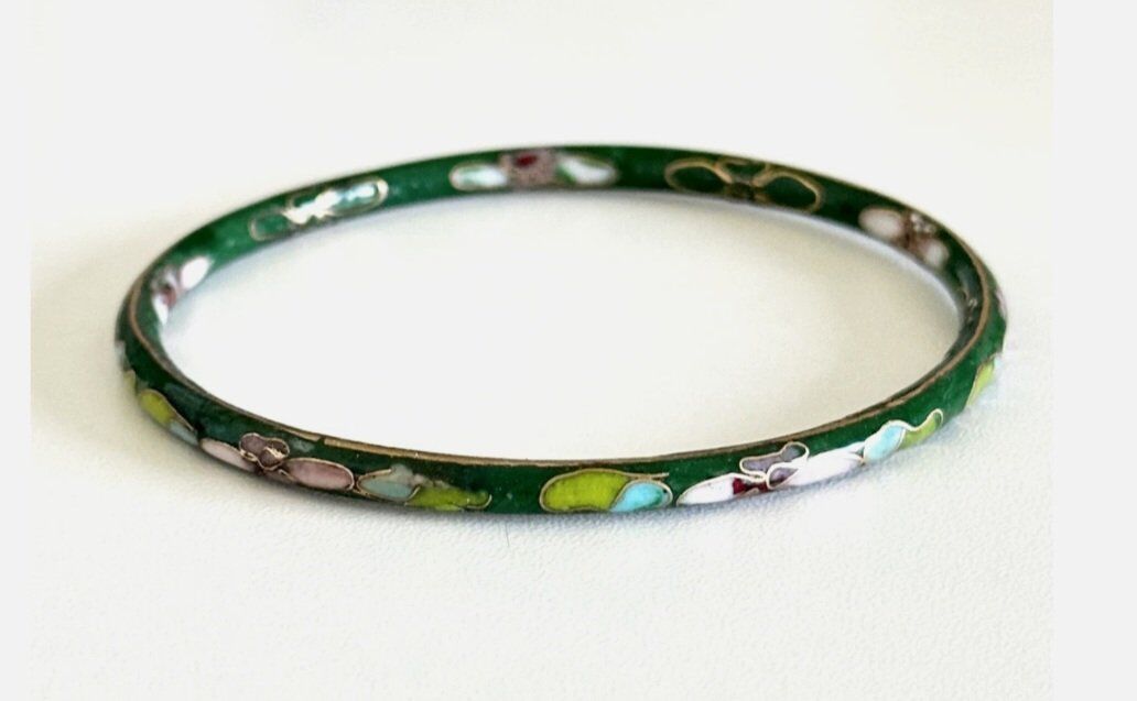 Vintage Green Enameled Cloisonne Multicolor Ladies