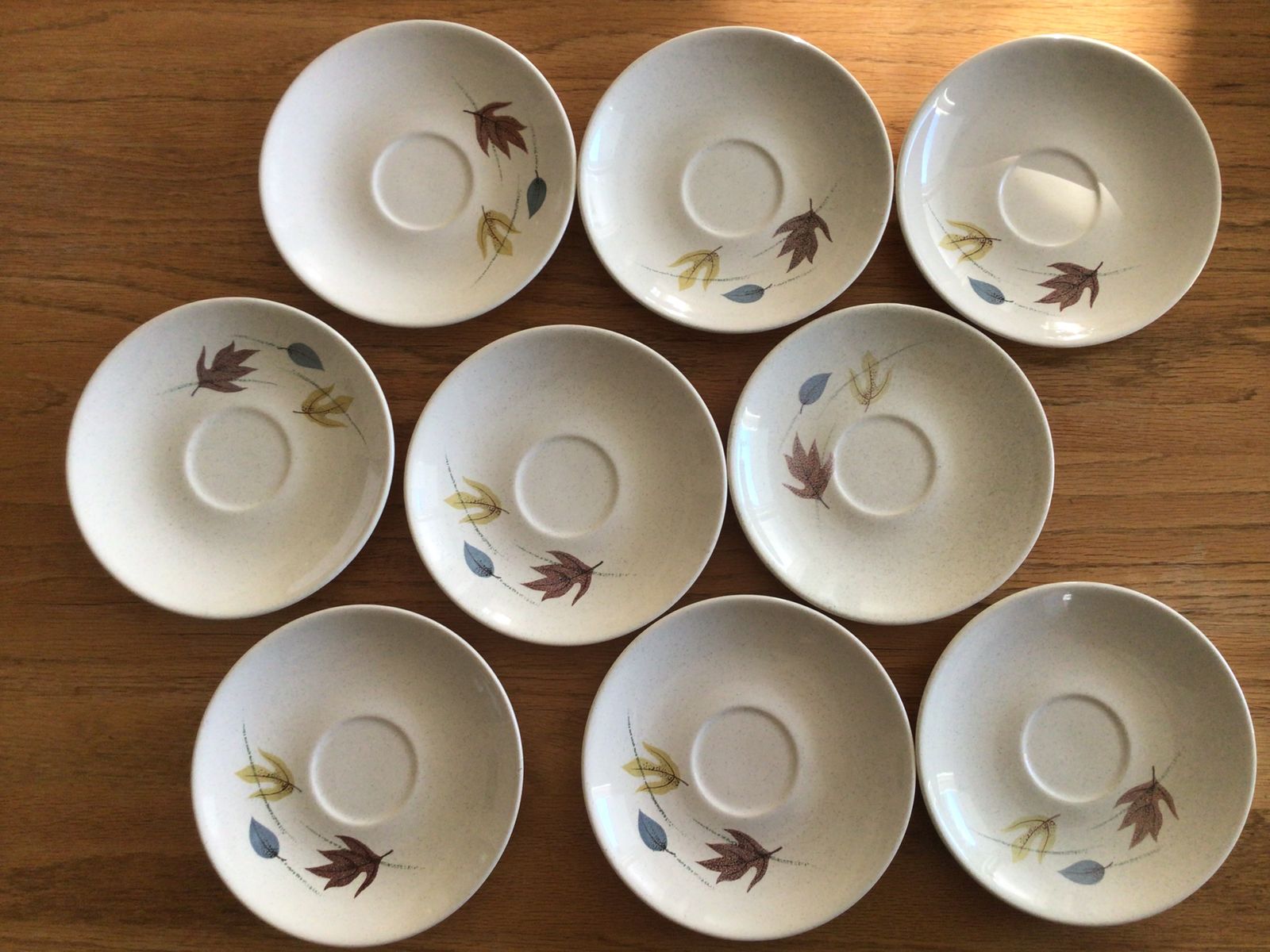 FRANCISCAN Autumn 9 saucers fall leaves, retro 1950s cottagecore