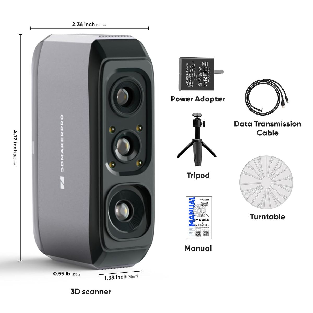 3DMakerpro Moose Lite Premium Handheld 3D Scanner - 0.05mm Precision, 10FPS - Android/iOS/Win/MacOS
