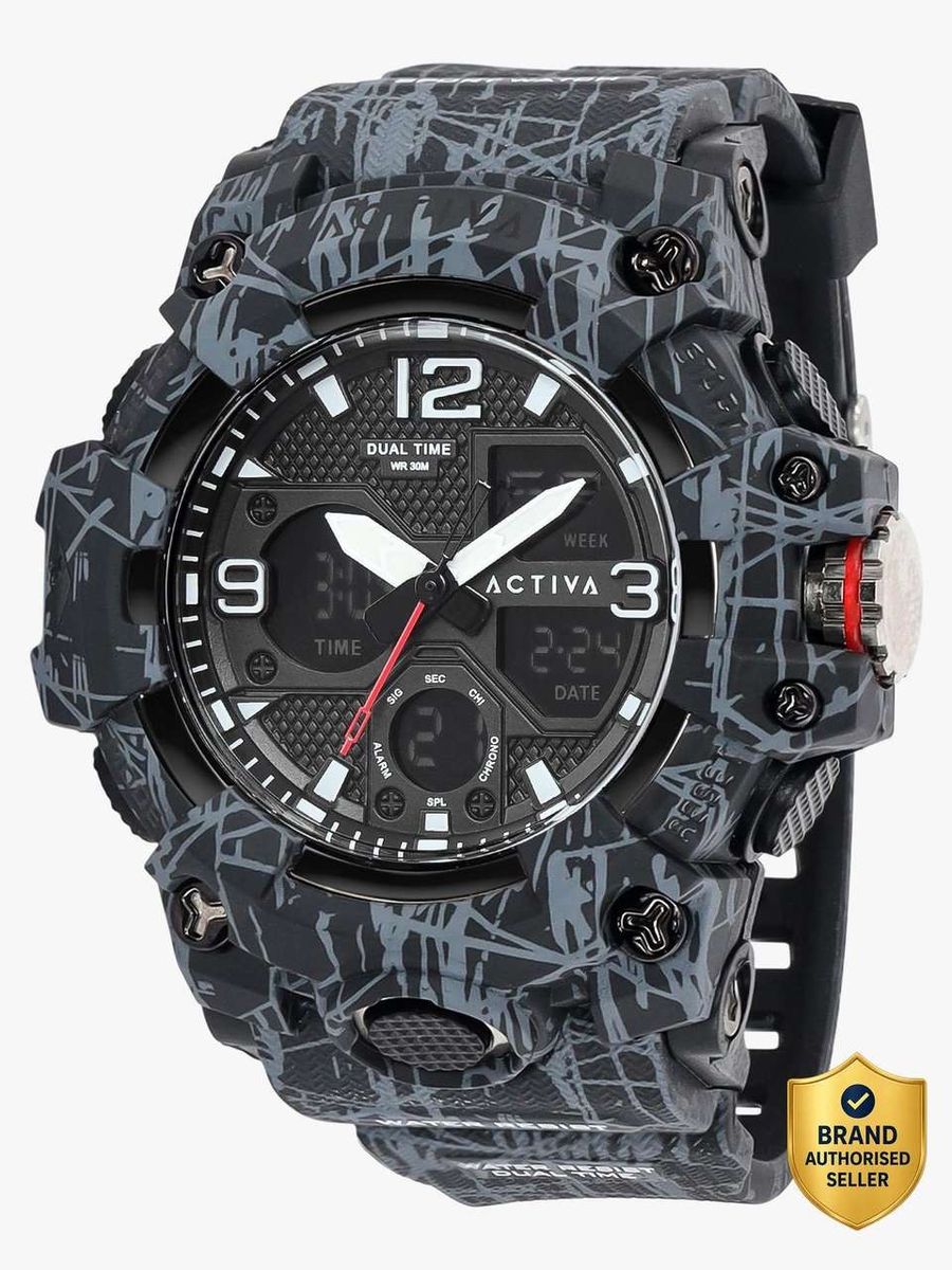 Activa ACW308-001 Men's Dual Time Analog-Digital Watch - Black & Grey Camo, WR 30M