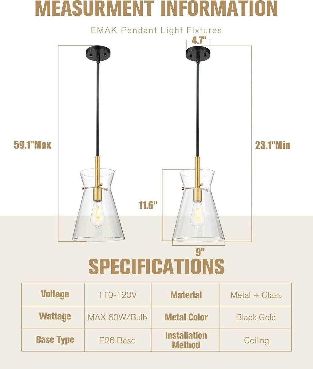 Black and gold pendant light fixure -  9 in clear