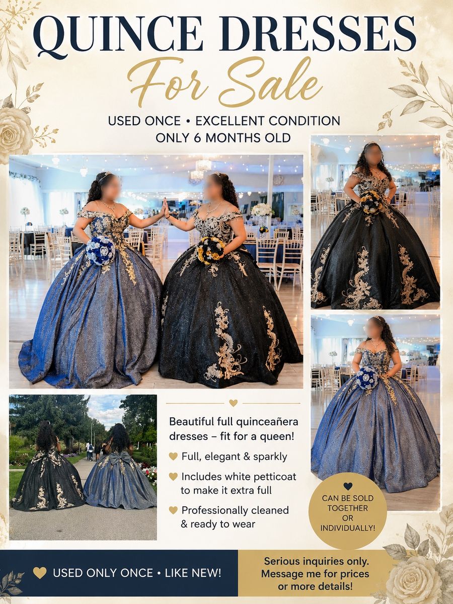 Quinceañera Dresses- Blue & Black with Gold Embroidery, Full Petticoat, Excellent Condition