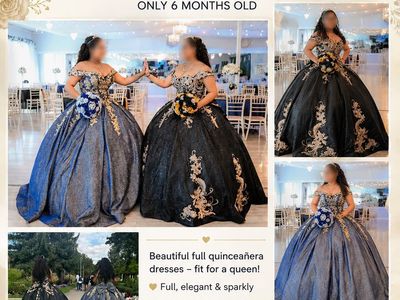 Quinceañera Dresses- Blue & Black with Gold Embroidery, Full Petticoat, Excellent Condition